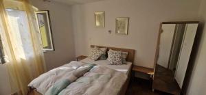 um quarto com uma cama e um espelho em Apartment Vrbnik 1 em Vrbnik