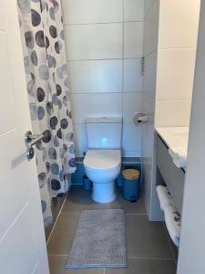 a bathroom with a toilet and a shower curtain at Departamento con estacionamiento in Concepción