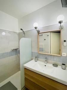 La salle de bains est pourvue d'un lavabo et d'un miroir. dans l'établissement Charmant appartement haut de gamme, à Salins-les-Bains