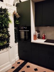 eine Küche mit schwarzen und weißen Schränken und Pflanzen in der Unterkunft Prestigieuse Suite Princeteau in Libourne