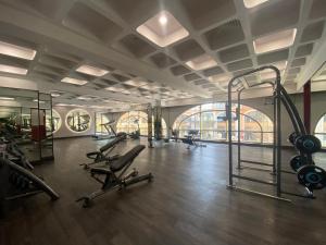 une salle de sport avec des tapis roulants et des appareils d'exercice dans un bâtiment dans l'établissement Le Ciel Phu Quoc - Hillside Apartment, à Duong Dong