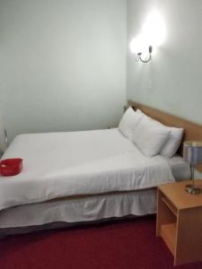 um quarto com uma grande cama branca e uma mesa em Brackendene Lodge em Gaborone