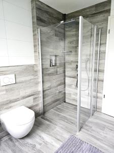 a bathroom with a toilet and a glass shower at MY HOME AM HEUBERG Nr 4 in Frittlingen