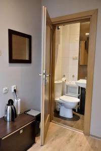 La salle de bains est pourvue de toilettes et d'un lavabo. dans l'établissement Kamienica Poznańska 7, à Bydgoszcz