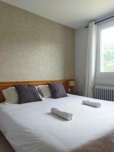 a bedroom with a large white bed with two pillows at Évasion Hébergement in Allevard