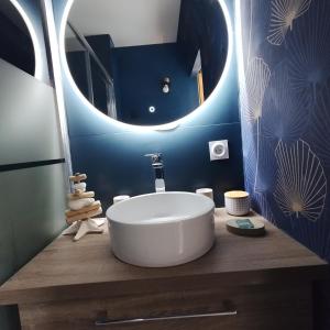 a bathroom with a large white sink and a mirror at chez Sandrine in Miniac-Morvan