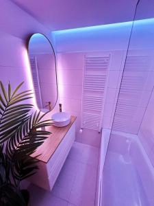 ein Badezimmer mit einem Waschbecken, einem Spiegel und einer Badewanne in der Unterkunft Ambient lounge with sundeck and free parking in Bratislava