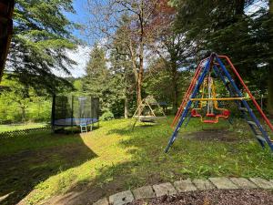 a playground with a swing set and a trampoline at Apartment im Wald - mit Schwimmbad! 