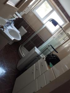 a bathroom with a toilet and a sink and a window at Luna in Vračar (historical)