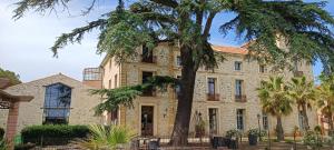 a large stone building with a tree in front of it at domaine Les Castans in Saint-Thibéry