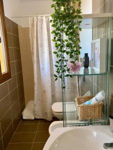 a bathroom with a shower curtain and a toilet at La Casa Amarilla in San Miguel de Abona +40 photos