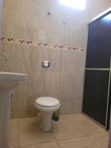 y baño con aseo, lavabo y ducha. en Casa centro jipa en Ji-Paraná