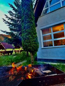 una parrilla con fuego delante de una casa en Casa Verde Poiana Brasov, en Poiana Brasov