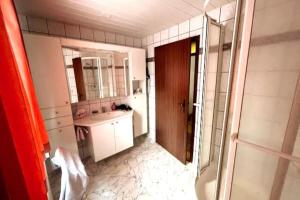 W łazience znajduje się prysznic, umywalka i lustro. w obiekcie Haus PANORAMA - Appartement Auszeit 4 w mieście Braunlage