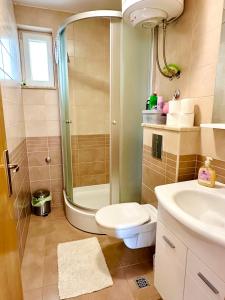 ein Badezimmer mit Dusche, Toilette und Waschbecken in der Unterkunft Spacious family apartment near the beach in Makarska