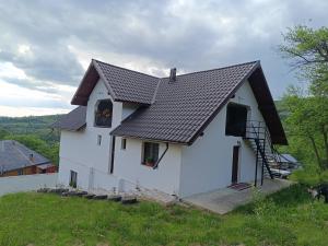 a small white house with a black roof at Casuta Din Livada in Moisei