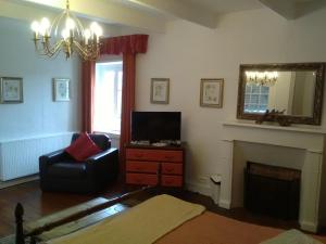 a living room with a tv and a chair and a fireplace at The Old Bakery in Châteauneuf-du-Faou