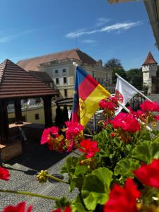 twee vlaggen en bloemen op een balkon met gebouwen bij Harteneck Apartments in Sibiu