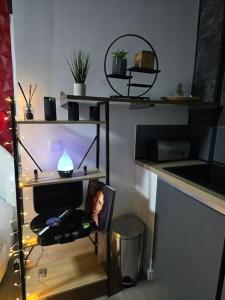 a room with a shelf with a picture of a woman at Logement Romantique Jacuzzi spa in Vieille-Toulouse +10 photos
