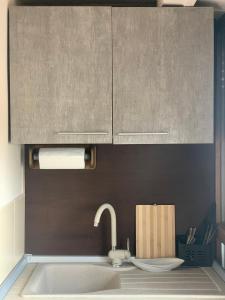 a kitchen counter with a sink and a cupboard at Geany Apartament Ultracentral in Craiova