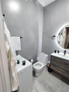 La salle de bains est pourvue de toilettes, d'un lavabo et d'un miroir. dans l'établissement Like Home Hostel na Shevchenko, 162Б, à Almaty