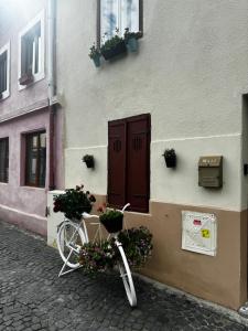 ein Fahrrad, das vor einem Gebäude mit Blumen geparkt ist in der Unterkunft Harteneck Apartments in Sibiu