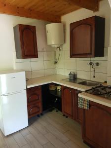 una cucina con frigorifero bianco e armadietti in legno di Domki Letniskowe w Chańczy a Chańcza Altre 8 foto
