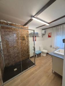 a bathroom with a shower and a sink and a toilet at Villa Noah in Moralet
