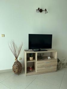 a television sitting on a wooden stand in a room at Privat apartament Golf Coast in Kavarna