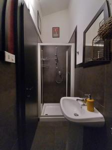a bathroom with a shower and a white sink at Mansarda Brunelleschi in Staggia