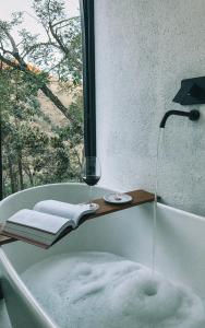a bath tub filled with snow next to a window at Casa Physis in Capitólio