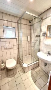 een badkamer met een douche, een toilet en een wastafel bij Hotel zur Loreley - Garni in Sankt Goar