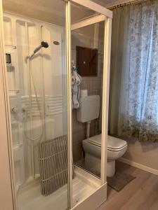 La petite salle de bains est pourvue d'une douche et de toilettes. dans l'établissement HEATHER'S HOME, à Bassano del Grappa