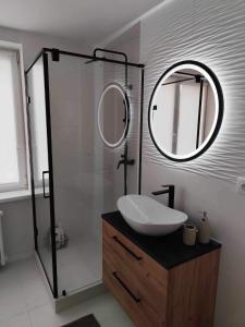 a bathroom with a sink and a mirror at Centrum Poprad Apartment in Poprad