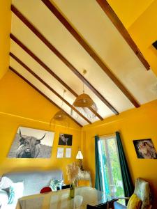 阿拉塞納的住宿－Casa Rural Una Ventana a la Sierra，墙上有一副牛的照片,是一个黄色的房间