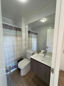 a bathroom with a toilet and a sink and a mirror at Departamento nuevo excelente ubicación cómodo y amplió de 1 a 4 personas con estacionamiento in Puerto Montt +13 photos