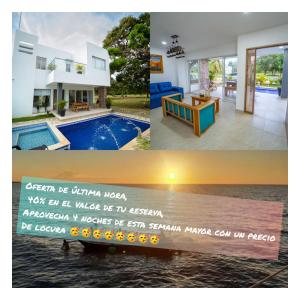 un collage de photos d'une maison et d'une piscine dans l'établissement Cabaña Villa July, à Moñitos 3 autres photos