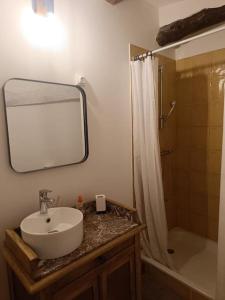 a bathroom with a sink and a shower with a mirror at L'Alorenlis, duplex vue lac de Sainte Croix in Bauduen