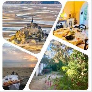 a collage of pictures of the beach and the ocean at "Le Vieux Nid" in Carolles