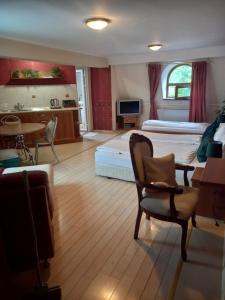 ノヴァ・ザゴラにあるHotel Rioのベッドルーム1室(ベッド1台、デスク、テーブル付)