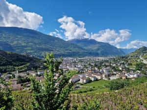 una ciudad en un valle con montañas en el fondo en Le Carnotzet Tchiko en Savièse