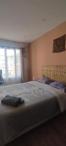 1 cama grande en un dormitorio con ventana en Chambre spacieuse et lumineuse chez l'habitant, en Niza