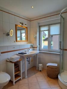 e bagno con lavandino, servizi igienici e doccia. di Appartementhaus am Fichtelberg a Oberwiesenthal