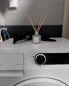a remote control sitting on top of a washing machine at SUNRAY Apartman Požarevac in Požarevac +38 photos