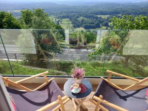 a balcony with a table and chairs with a view at Vineyard cottage foggy sea in Semič