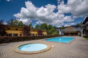 una gran piscina en un patio de ladrillo en Apartment Doky D8 - Lipno Home en Lipno nad Vltavou