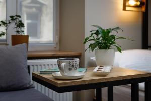 a table with a coffee cup and a plant on it at Готель Кайзер Економ in Lviv