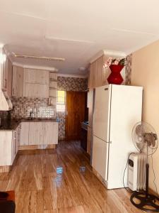 a kitchen with a white refrigerator and wooden floors at Mont Pelaan 88 in Newcastle