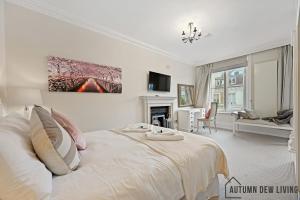 ein weißes Schlafzimmer mit einem Bett und einem Kamin in der Unterkunft Stunning 2 king size beds 2 bath- sleeps 5 in Earls Court in London