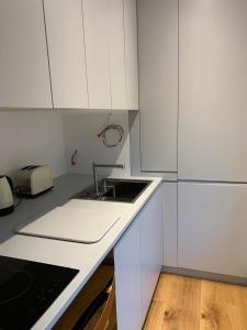 a white kitchen with a sink and a toaster at Regents Park Apartments in London
